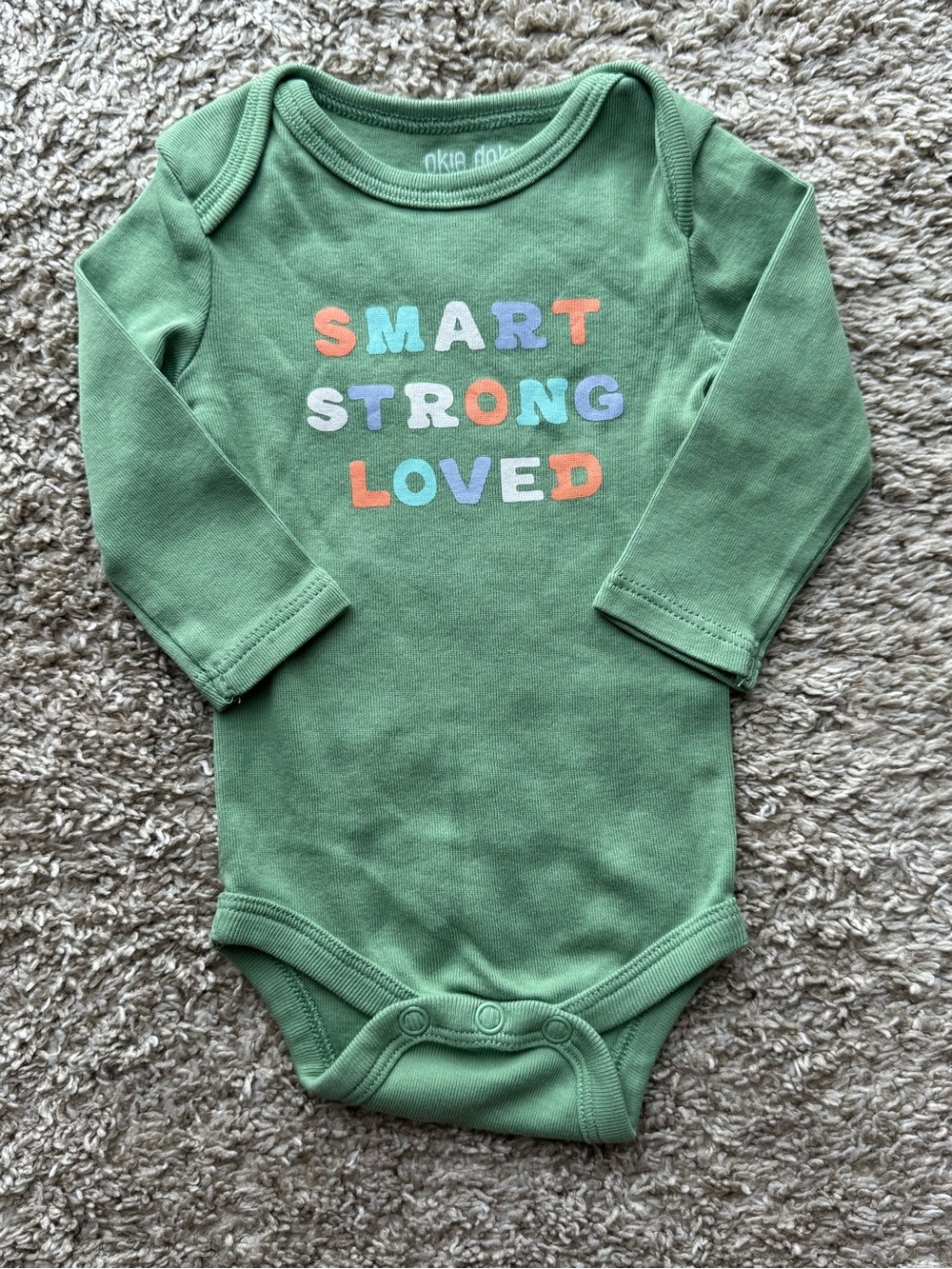 Okie Dokie “Smart Strong Loved” Long Sleeve Bodysuit Newborn NB Green